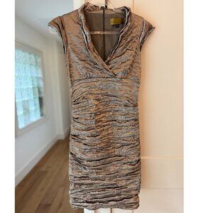 Nicole Miller Metallic Ruched Sheath Dress Petite 10P Silver Cocktail